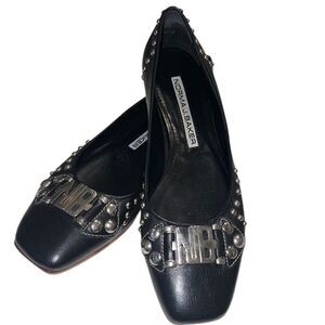 Norma J Baker Black Leather Silver Studded Italian Kitten Heel Loafer Size 37